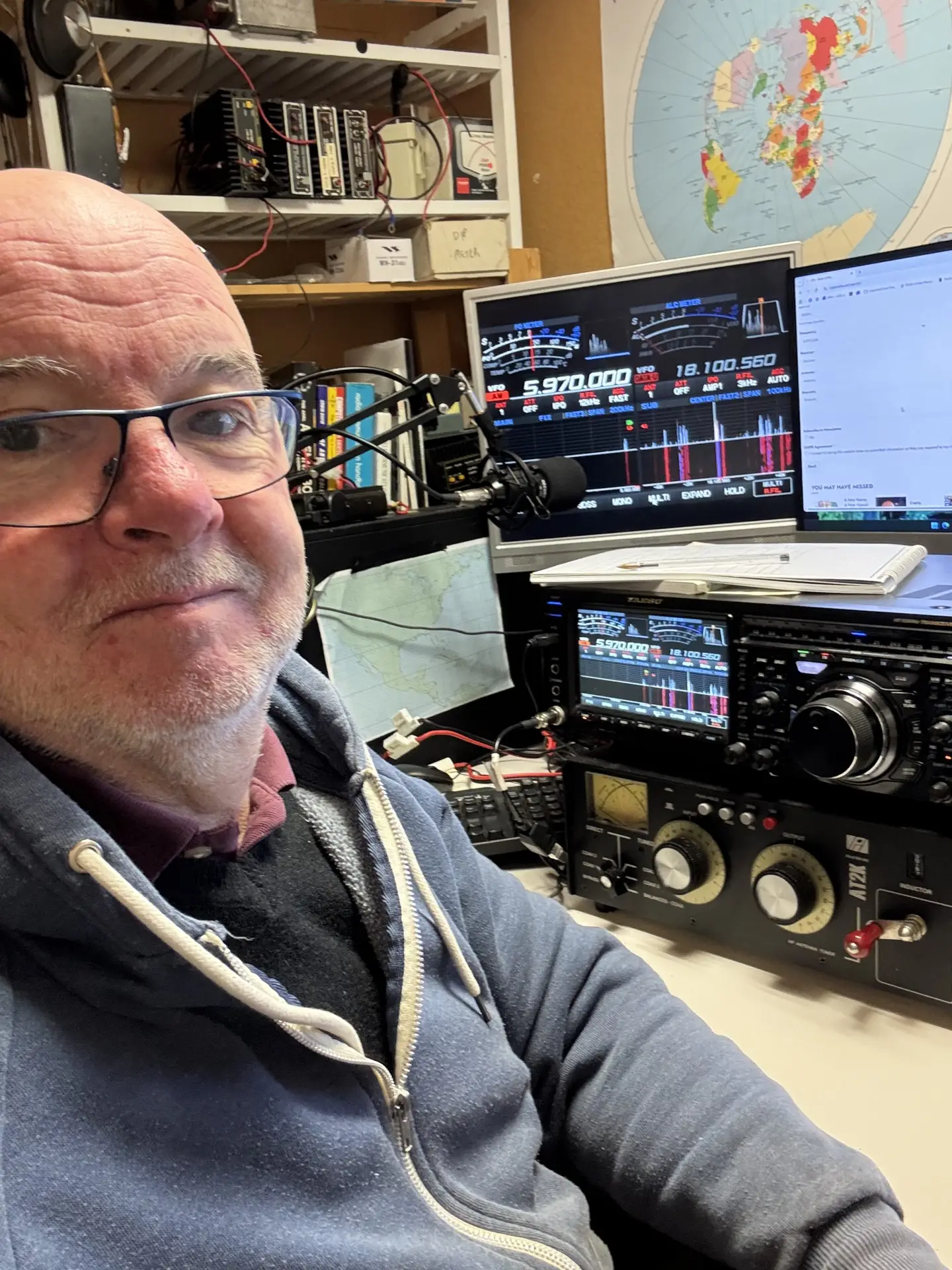 Dave at his receiver in Market Drayton, Shropshire, listening to Radio Delta AM on shortwave